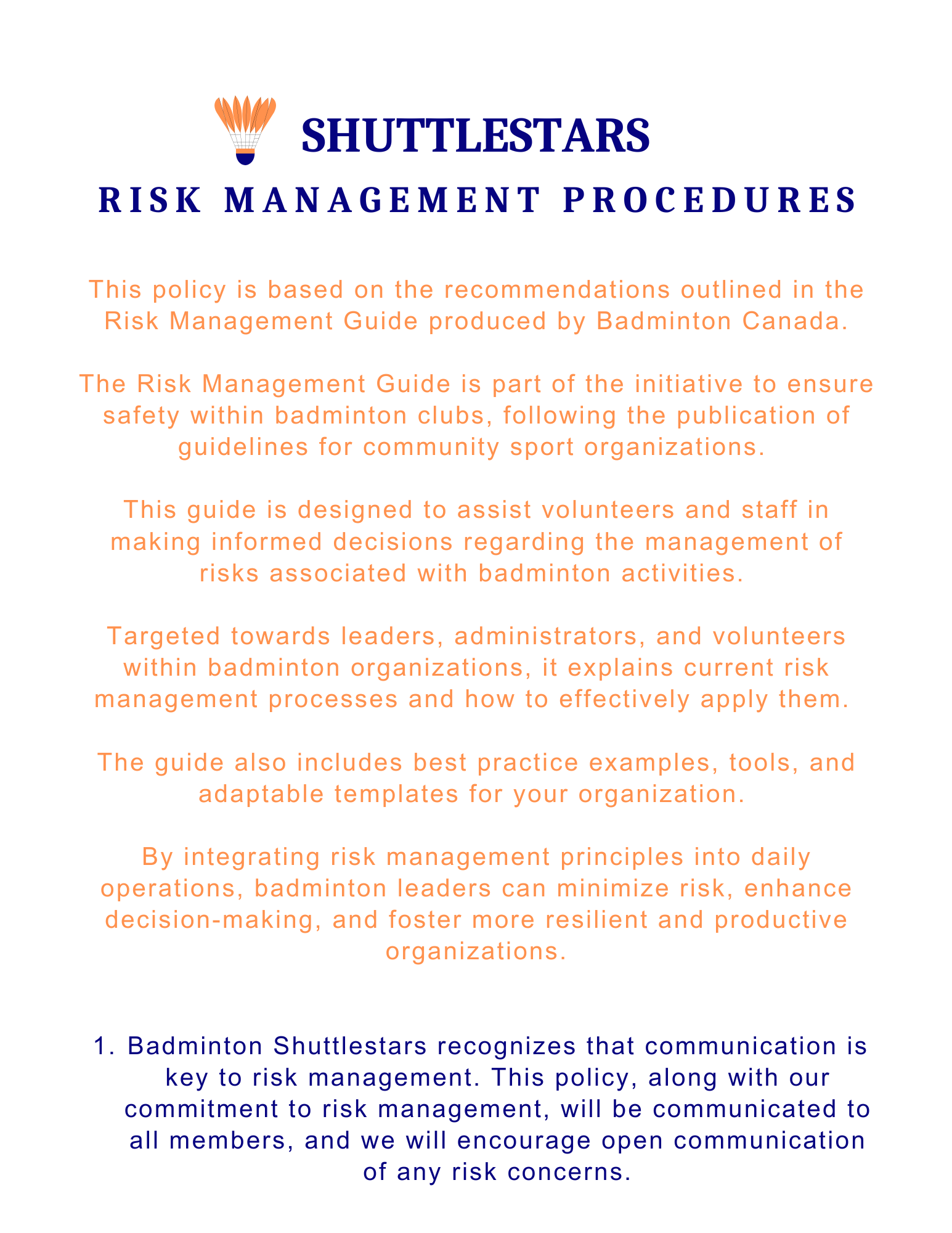 Risk Management Procedures1
